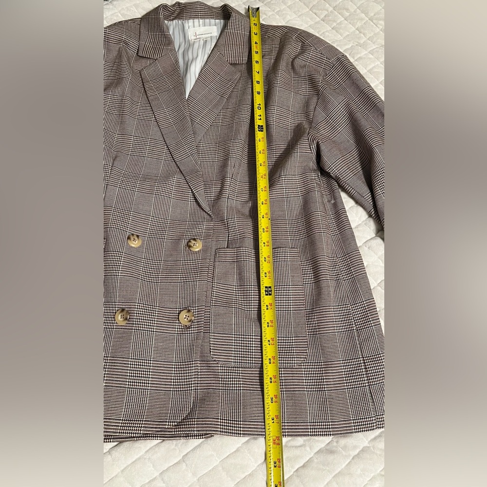 Anthropologie Double-Breasted Plaid Blazer in Taupe and Ivory - Picture 10 of 12